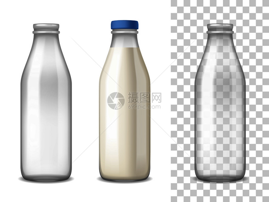 空填充牛奶璃瓶真实白色透明的孤立背景矢量插图牛奶璃瓶写实套图片
