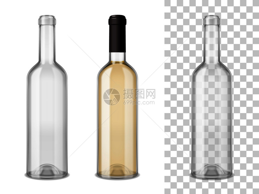 空的密封的瓶盖填充葡萄酒璃瓶现实白色透明的混合背景矢量插图酒瓶套图片