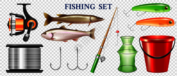 真实的捕鱼元素与钉钩虹鳟梭鱼分离透明的背景矢量插图图片