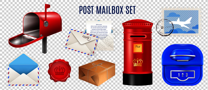 信件邮戳真实的邮资元素,信箱,信件包裹,隔离透明的背景矢量插图上现实的邮资元素透明套装插画