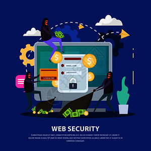 网络安全平构成黑客攻击监控与保护帐户蓝色背景矢量插图网络安全平背景背景图片