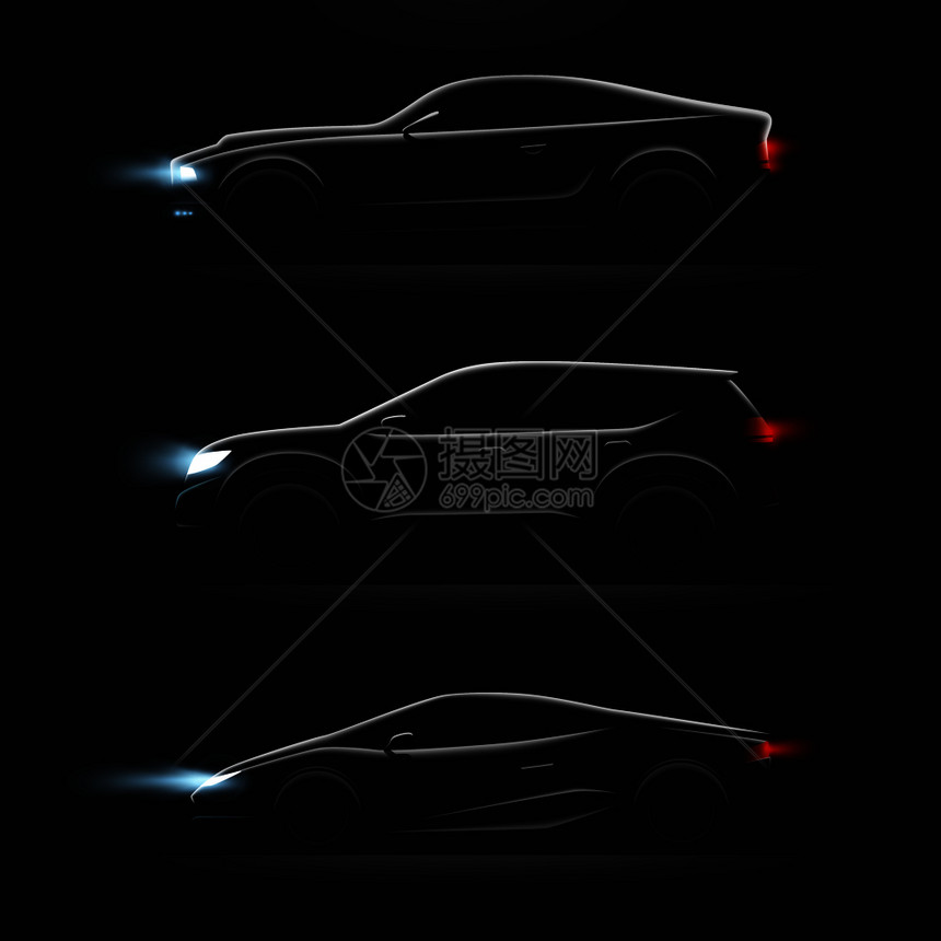 三个现实的汽车轮廓黑暗图标黑色汽车与灯光前照灯矢量插图现实的汽车轮廓黑暗图标图片