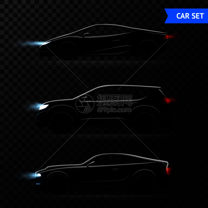 三个现实的汽车黑暗透明图标与同的时尚模型的汽车矢量插图现实的汽车黑暗透明图标图片