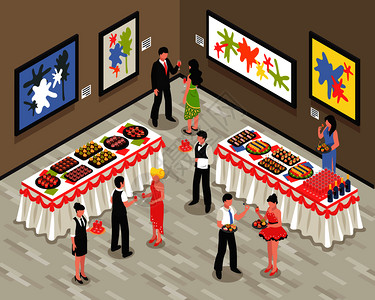 宴会服务宴会厅与客人工作人员的食物饮料桌子墙上与明亮的图片等距矢量插图宴会等距插图插画