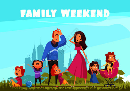 家庭周末自然彩色背景与小哭的孩子沮丧的父母平矢量插图家庭周末彩色背景图片