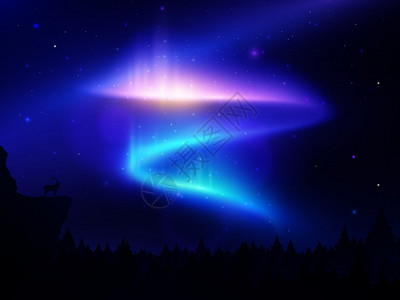 幻夜极光现实背景与夜空中的北极光森林山脉矢量插图北极光背景插画