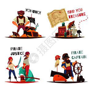 海盗与扁平的人类人物卡通海盗船长水手与文本标题矢量插图图片