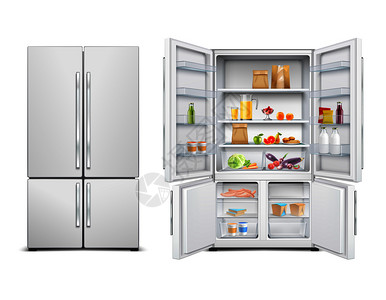 不锈钢门冰箱冰箱现实的套大型家庭冰箱与两扇门充满食品矢量插图家庭冰箱现实套插画