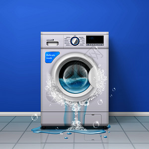 破碎的洗衣机真实的室内成与洗衣机水门中涌出矢量插图图片
