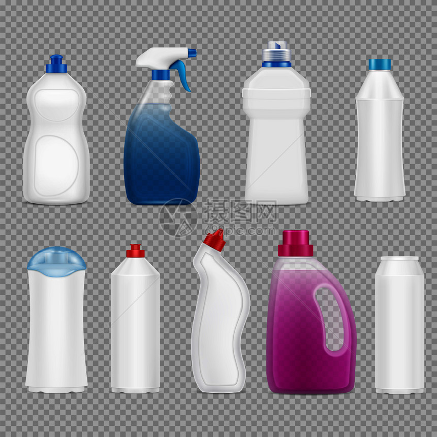 洗涤剂瓶套的真实图像透明的背景与塑料瓶充满肥皂矢量插图图片