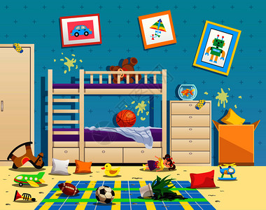 凌乱的儿童房间内部与肮脏的污渍墙上散落的玩具地板平矢量插图图片
