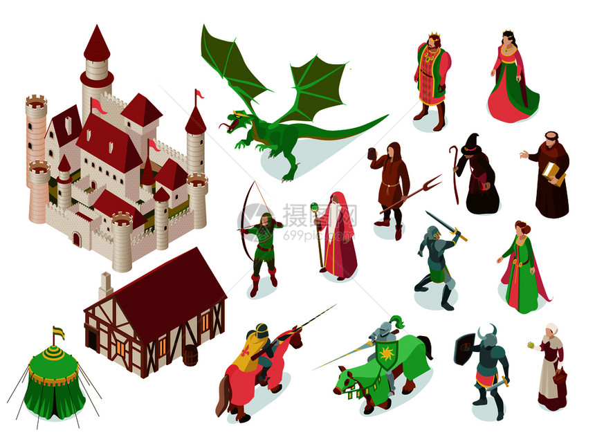 中世纪童话等距与皇家城堡骑士牧师女巫龙孤立矢量插图图片