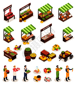 农贸市场等距图标柜台盒桶与新鲜肉类,水果,蔬菜,乳制品海洋产品矢量插图背景图片