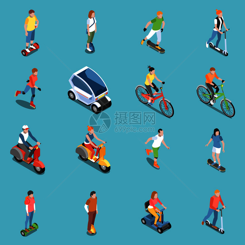 个人生态交通图标自行车滑板车等距隔离矢量插图图片