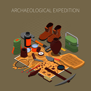 考古探险与古代遗骸文物符号等距矢量插图高清图片