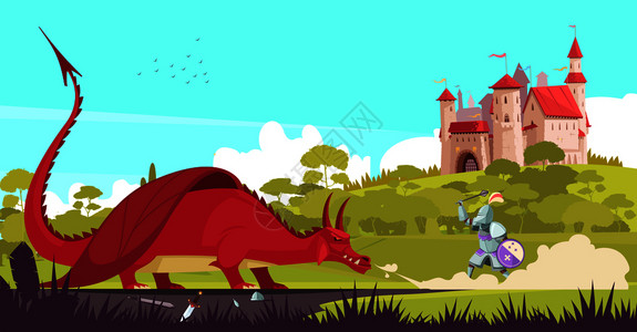 中世纪传奇骑士战士城堡附近战斗凶猛的龙,以拯救公主童话卡通矢量插图背景图片