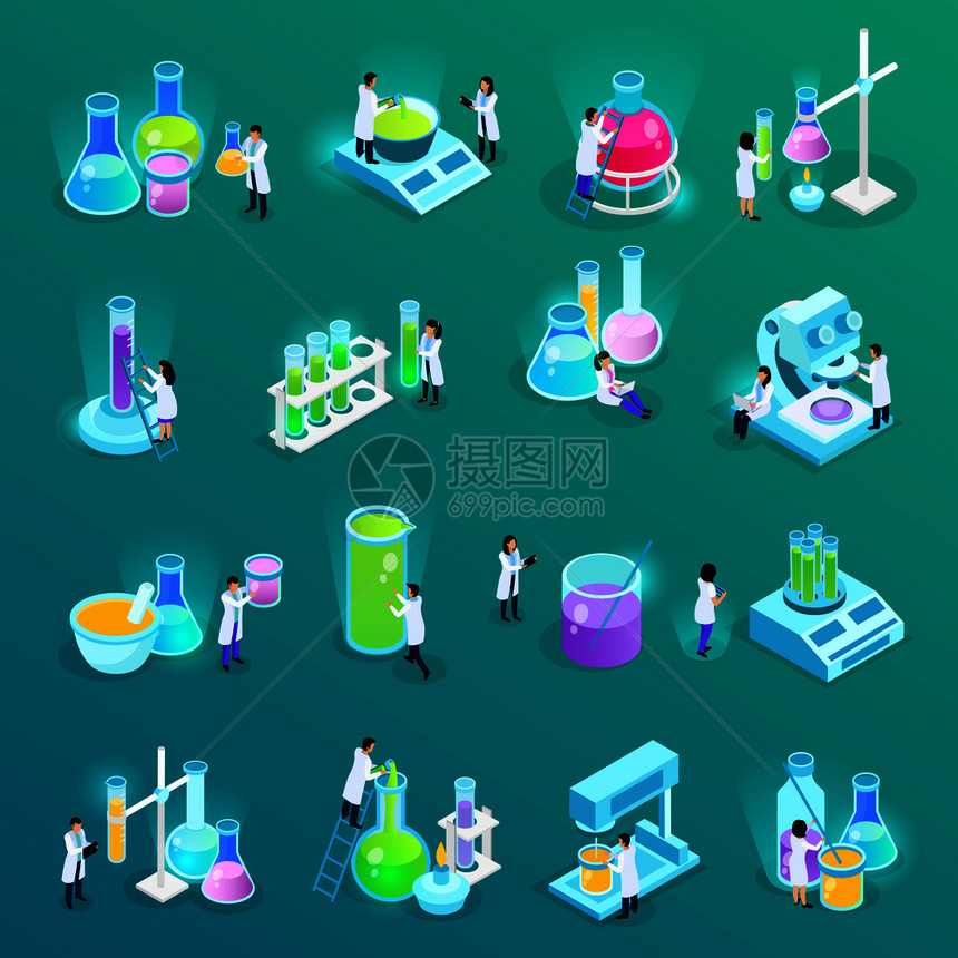 疫苗开发集等距图标与科学家实验室设备隔离绿色矢量插图图片
