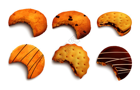 套同种类的咬口美味饼干,用巧克力包屑果酱层隔离现实的矢量插图背景图片
