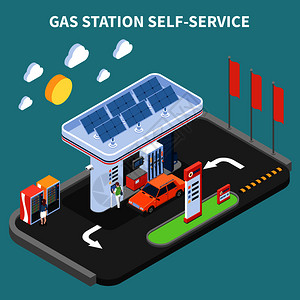 自助加油站与支付终端自动售货机等距成绿松石背景矢量插图图片