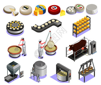 奶酪生产等距与工厂设备大量成品分离矢量插图图片
