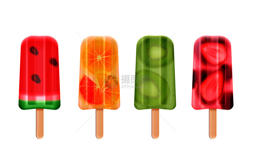 水果冰棒冰淇淋逼真的冷冻棒糖果图像空白背景矢量插图图片
