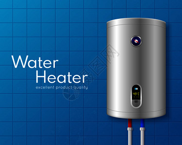 彩色逼真的电热水器锅炉海报大白标题浅蓝色墙壁矢量插图插画
