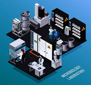 微生物学实验室等距海报与科学家防护具进行科学生化实验矢量插图实施高清图片素材
