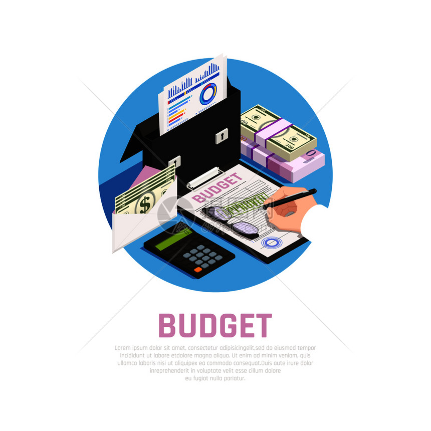 会计异构圆形成与预算计算的蓝色背景矢量插图图片