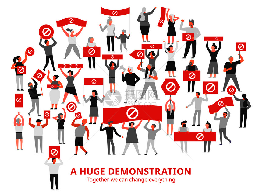 巨大的演示白色背景矢量插图期间,抗议人群红色标语牌上佩戴禁止标志图片