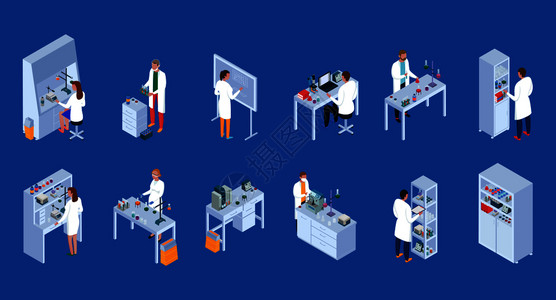 科学实验室等距图标与工作人员工作设备家具蓝色背景孤立矢量插图图片