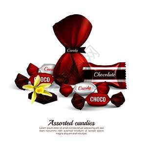 包糖果的素材什锦巧克力糖果彩色箔包装与新鲜香草花现实广告构图刻字矢量插图插画