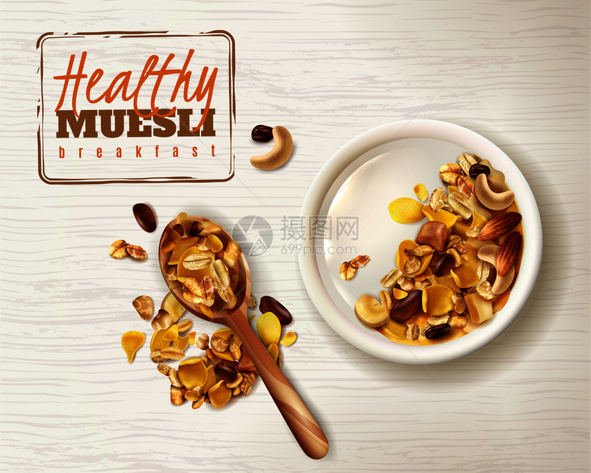 现实碗穆斯利超级食品健康早餐与美味的麦片,可编辑文本板勺子图像矢量插图图片