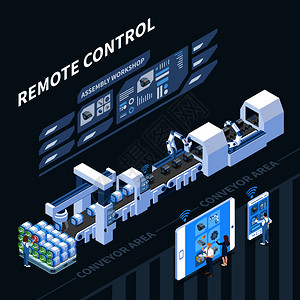 智能工业等距成与远程控制传送带系统黑暗背景矢量插图图片