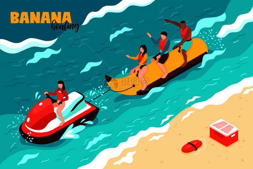 夏季水上运动等距矢量插图与群人度假骑香蕉划船图片