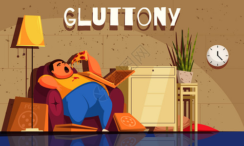 披萨店宣传单暴食背景与强迫饮食超重符号平矢量插图插画