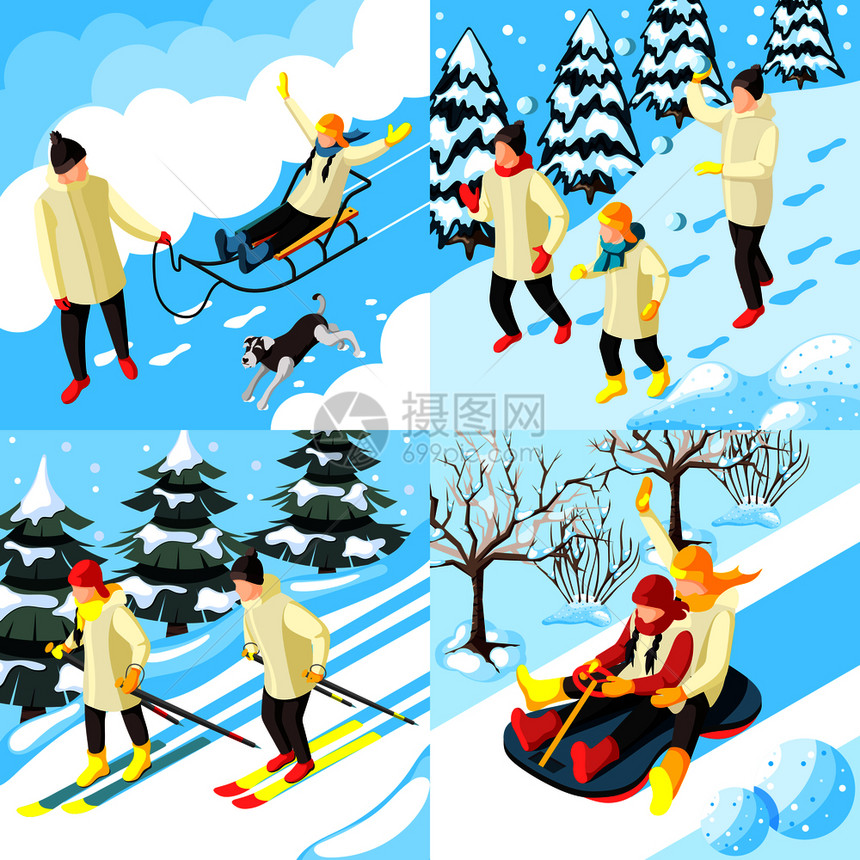 家庭寒假雪橇游戏雪球滑雪等距孤立矢量插图图片