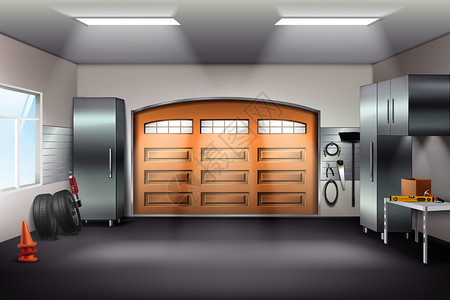 现代宽敞的车库内部写实构图与工具储存柜,钉板工作台,轮胎,滑动门矢量插图背景图片