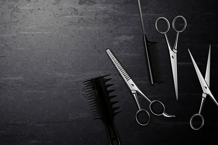 美发工具背景与梳子剪刀桌子上的现实矢量插图图片