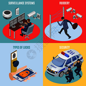 安全系统等距4图标方形与监视技术抢劫保护电子锁隔离矢量插图图片