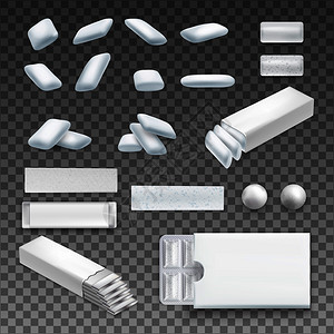 套真实的口香糖,各种形状的白色透明背景隔离矢量插图图片