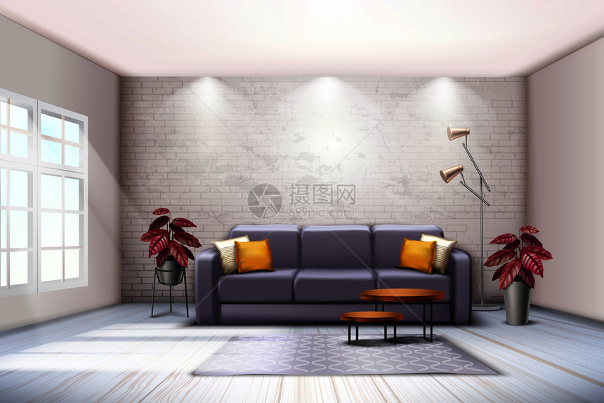 宽敞的房间内部沙发落地灯装饰紫调,彩色叶子,植物,现实的矢量插图图片