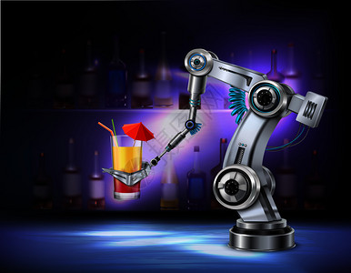 酒中佳酿酒吧咖啡厅餐厅供应鸡尾酒的机器人手臂与背景矢量插图中的酒瓶的真实构图插画
