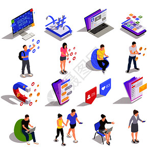 社交媒体符号,技术,信息,人等距图标收集与设备,网站,应用程序,用户矢量插图图片