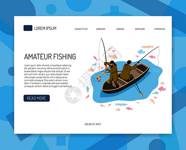 渔民船上捕鱼等距的网页横幅与界元素矢量插图图片