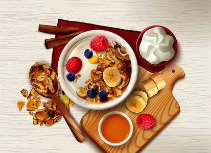 格兰纳达现实的穆斯利水果健康早餐背景与顶部的桌子与谷类勺子盘子矢量插图插画