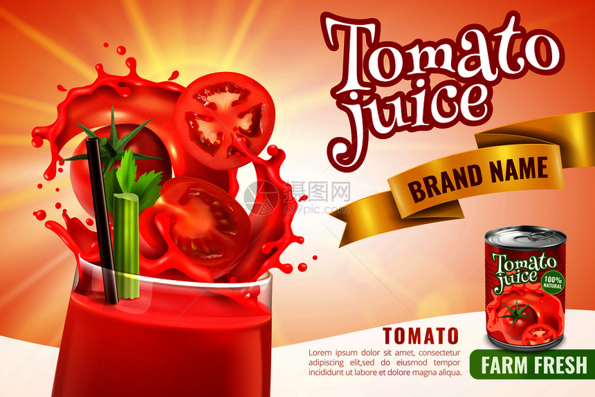 现实的番茄汁海报构图,璃填充红色鸡尾酒与飞溅可编辑的文本矢量插图图片