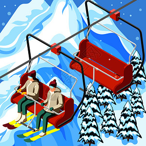 滑雪者与运动设备滑雪胜地的孔上的山背景与十字形等距矢量插图背景图片