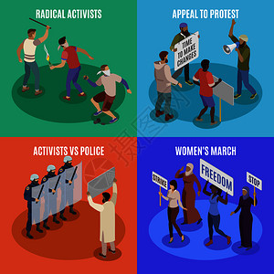 活动家2x2集的呼吁,以抗议妇女激进分子与广场图标等距矢量插图图片