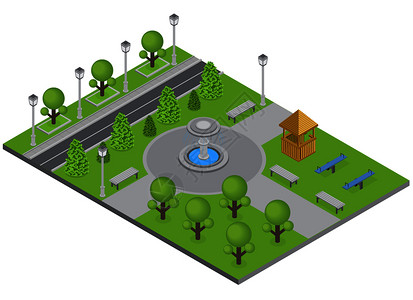 喷泉公园城市公园与树木喷泉运动场等距矢量插图插画