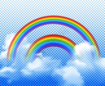 双彩虹同的半圆与白云现实构图透明的背景矢量插图图片